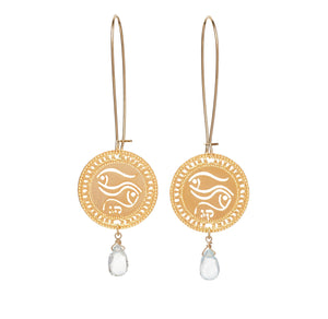 Pisces Zodiac Gold Earrings with Aquamarine – Kabbalah & Hebrew Astrology Jewelry