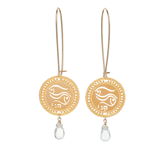 Pisces Zodiac Gold Earrings with Aquamarine – Kabbalah & Hebrew Astrology Jewelry