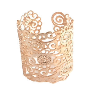 Rose Gold Floral Cuff Bracelet – Spiral Flower Design in 24K Rose Gold-Plated Brass – Handmade Boho Jewelry from Israel