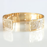 Gold Mandala Cuff Bracelet – 24K Gold-Plated Boho-Inspired Etched Circle – Handmade in Israel