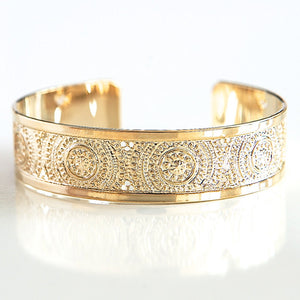 Gold Mandala Cuff Bracelet – 24K Gold-Plated Boho-Inspired Etched Circle – Handmade in Israel