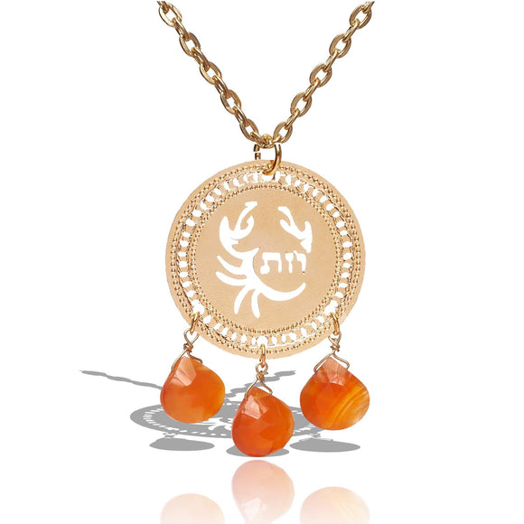 Cancer Zodiac Necklace with Carnelian – 24K Gold-Plated Kabbalah Pendant – Handmade in Israel