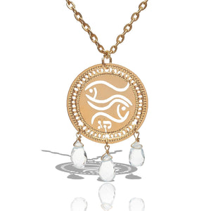 Pisces Zodiac Necklace with Aquamarine – 24K Gold-Plated Pendant with Kabbalistic Hebrew Letters, Handmade in Israel