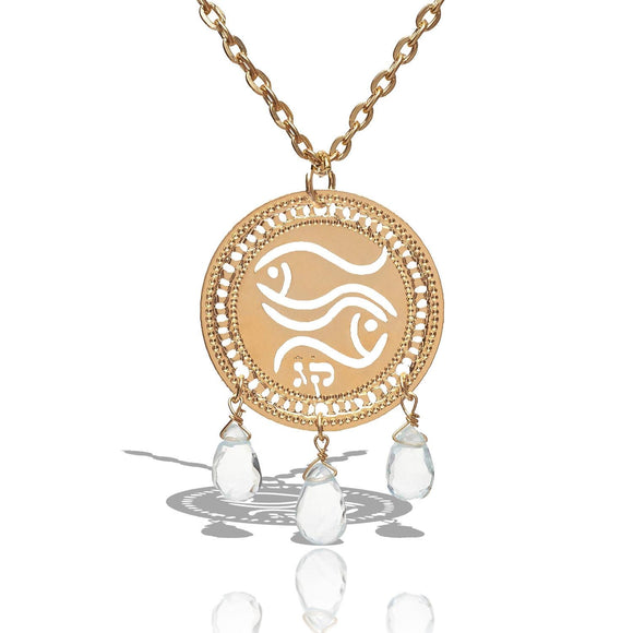 Pisces Zodiac Necklace with Aquamarine – 24K Gold-Plated Pendant with Kabbalistic Hebrew Letters, Handmade in Israel