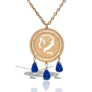 Virgo Zodiac Necklace with Lapis Lazuli – 24K Gold-Plated Pendant with Kabbalistic Hebrew Letters, Handmade in Israel