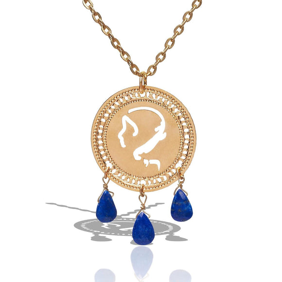 Virgo Zodiac Necklace with Lapis Lazuli – 24K Gold-Plated Pendant with Kabbalistic Hebrew Letters, Handmade in Israel