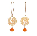 Zodiac Cancer Long Gold Earrings with Birthstone Carnelian, Astrology Hebrew Jewelry, Kabbalah Jewish Jewelry