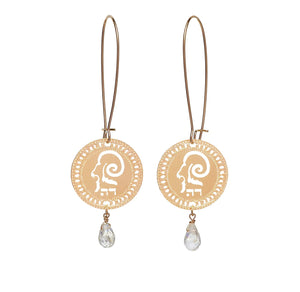 Zodiac Aries Long Gold Earrings With Birthstone Quartz, Astrology Hebrew Jewelry, Kabbalah Jewish Jewelry