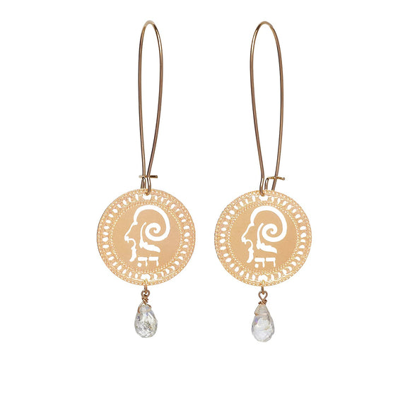 Zodiac Aries Long Gold Earrings With Birthstone Quartz, Astrology Hebrew Jewelry, Kabbalah Jewish Jewelry