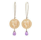 Zodiac Aquarius Long Gold Earrings with Birthstone Amethyst, Astrology Hebrew Jewelry, Kabbalah Jewish Jewelry