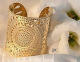 Gold Cuff Jewelry, Modern Jewelry, Sunflower Henna Design Bracelet, Statement Cuff, Hammered Gold Cuff, Handmade in Israel