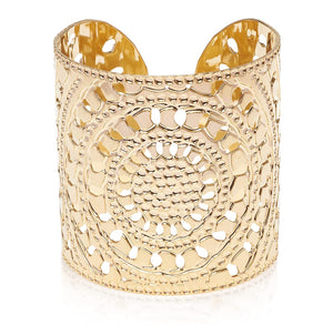 Gold Cuff Jewelry, Modern Jewelry, Sunflower Henna Design Bracelet, Statement Cuff, Hammered Gold Cuff, Handmade in Israel