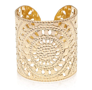 Gold Cuff Jewelry, Modern Jewelry, Sunflower Henna Design Bracelet, Statement Cuff, Hammered Gold Cuff, Handmade in Israel