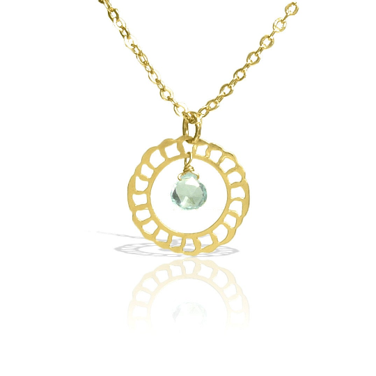 Gold Necklace, Gold Jewelry, Gold Necklace with Aquamarine, Lacy Gold Delicate Pendant with Aquamarine