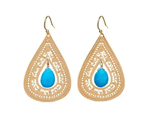 Kabbalah Gold Earrings, Turquoise Earrings, Teardrop Earrings, Religious Jewelry, Inspirational, Gold Jewelry, Unique Jewish Jewelry