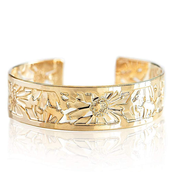 Dainty Gold Cuff, Floral Bracelet, Daisy Design, Cuff Bracelet, Gold Bracelet, Gold Bangle, Modern Jewelry Packaged And Ready For Gift Giving, Handmade In Israel