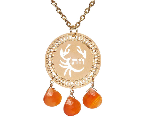 Zodiac Cancer Gold Necklace With Birthstone Carnelian, Astrology Hebrew Jewelry, Kabbalah Jewish Jewelry