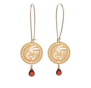 Zodiac Capricorn Long Gold Earrings with Birthstone Garnet, Astrology Hebrew Jewelry, Kabbalah Jewish Jewelry