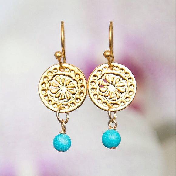 Gold Circular Earrings with Turquoise, Short Earrings, Turquoise Earrings, Modern Jewelry, Dangly Earrings, Flower Design, Gold Earrings