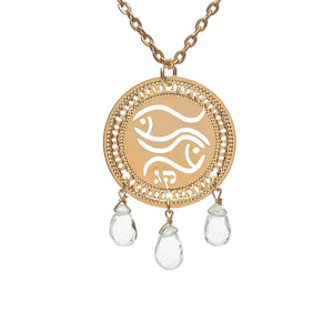Zodiac Pisces Gold Necklace With Birthstone Aquamarine, Astrology Hebrew Jewelry, Kabbalah Jewish Jewelry