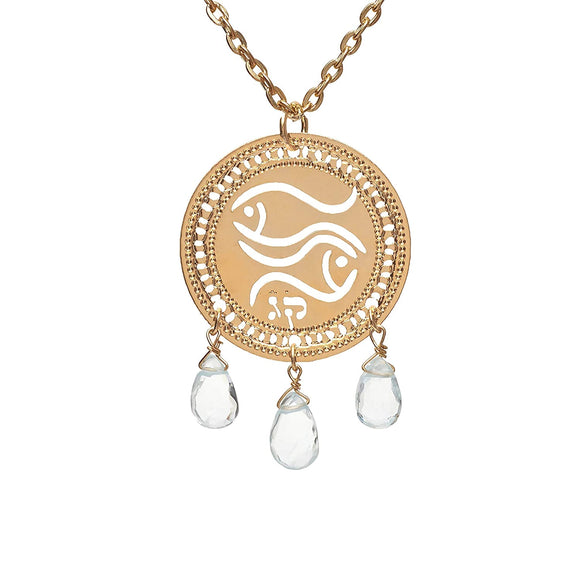 Zodiac Pisces Gold Necklace With Birthstone Aquamarine, Astrology Hebrew Jewelry, Kabbalah Jewish Jewelry