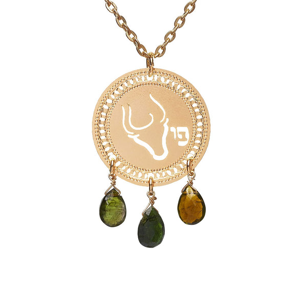 Zodiac Taurus Gold Necklace With Birthstone Emerald, Astrology Hebrew Jewelry, Kabbalah Jewish Jewelry