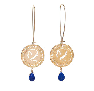 Zodiac Virgo Long Gold Earrings With Birthstone Lapis, Astrology Hebrew Jewelry, Kabbalah Jewish Jewelry