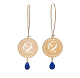 Zodiac Virgo Long Gold Earrings With Birthstone Lapis, Astrology Hebrew Jewelry, Kabbalah Jewish Jewelry