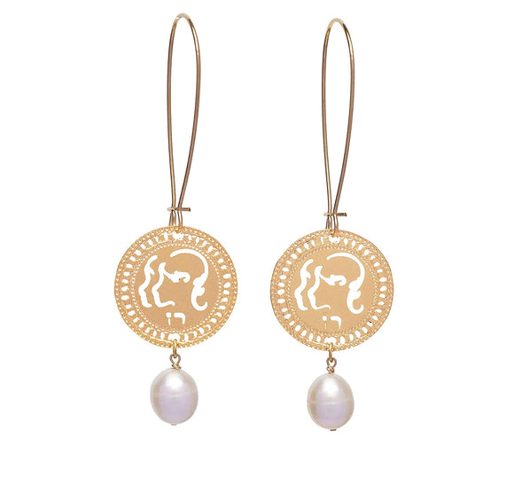 Zodiac Gemini Long Gold Earrings With Birthstone Pearl, Astrology Hebrew Jewelry, Kabbalah Jewish Jewelry