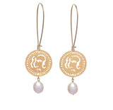 Zodiac Gemini Long Gold Earrings With Birthstone Pearl, Astrology Hebrew Jewelry, Kabbalah Jewish Jewelry