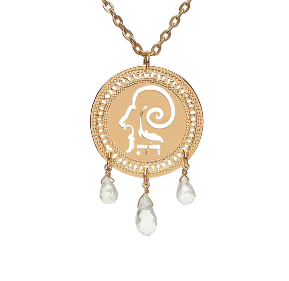 Zodiac Aries Gold Necklace with Birthstone Quartz, Astrology Hebrew Jewelry, Kabbalah Jewish Jewelry