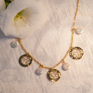 Three Crocheted Circle Romantic Necklace with Coin Flat Pearls